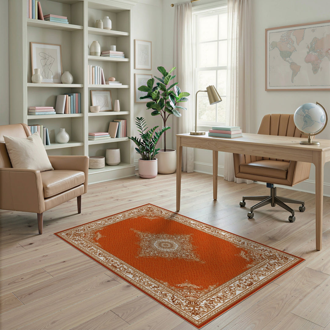 Red Traditional Persian Area Rug with Ivory Medallion
