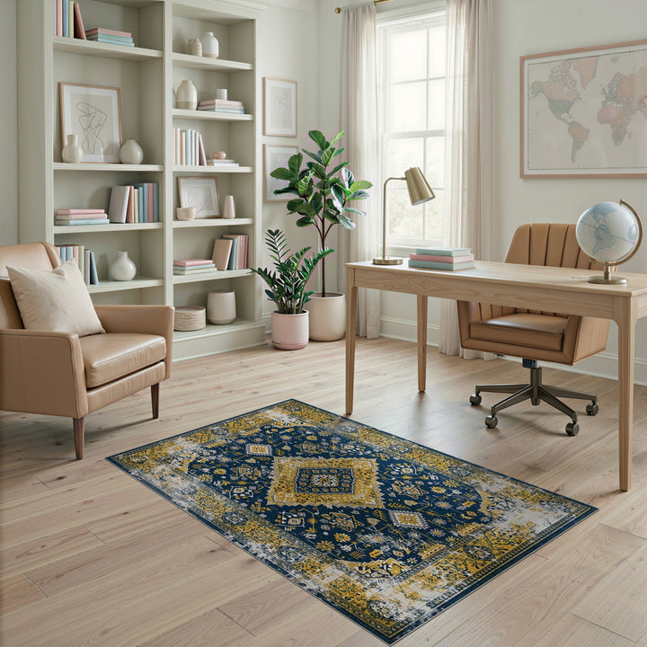 Distressed Navy Blue and Gold Vintage Area Rug