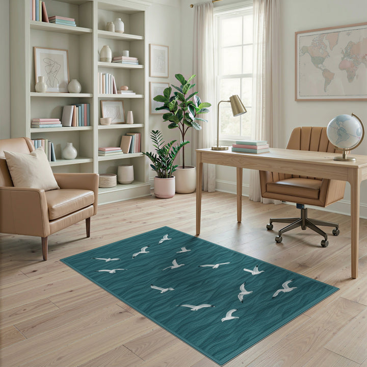 Flying Seagulls Teal Coastal Area Rug