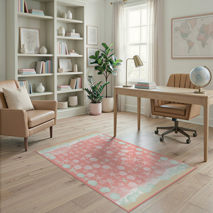 Coastal Beach Pink Coastal Seashell Starfish Area Rug