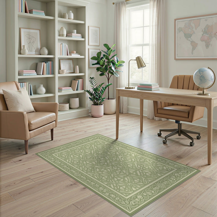 Green Geometric Area Rug with Floral Border