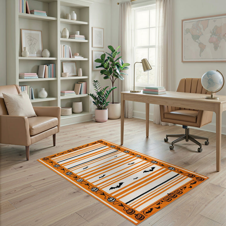 Orange Halloween Striped Area Rug with Bats and Pumpkins