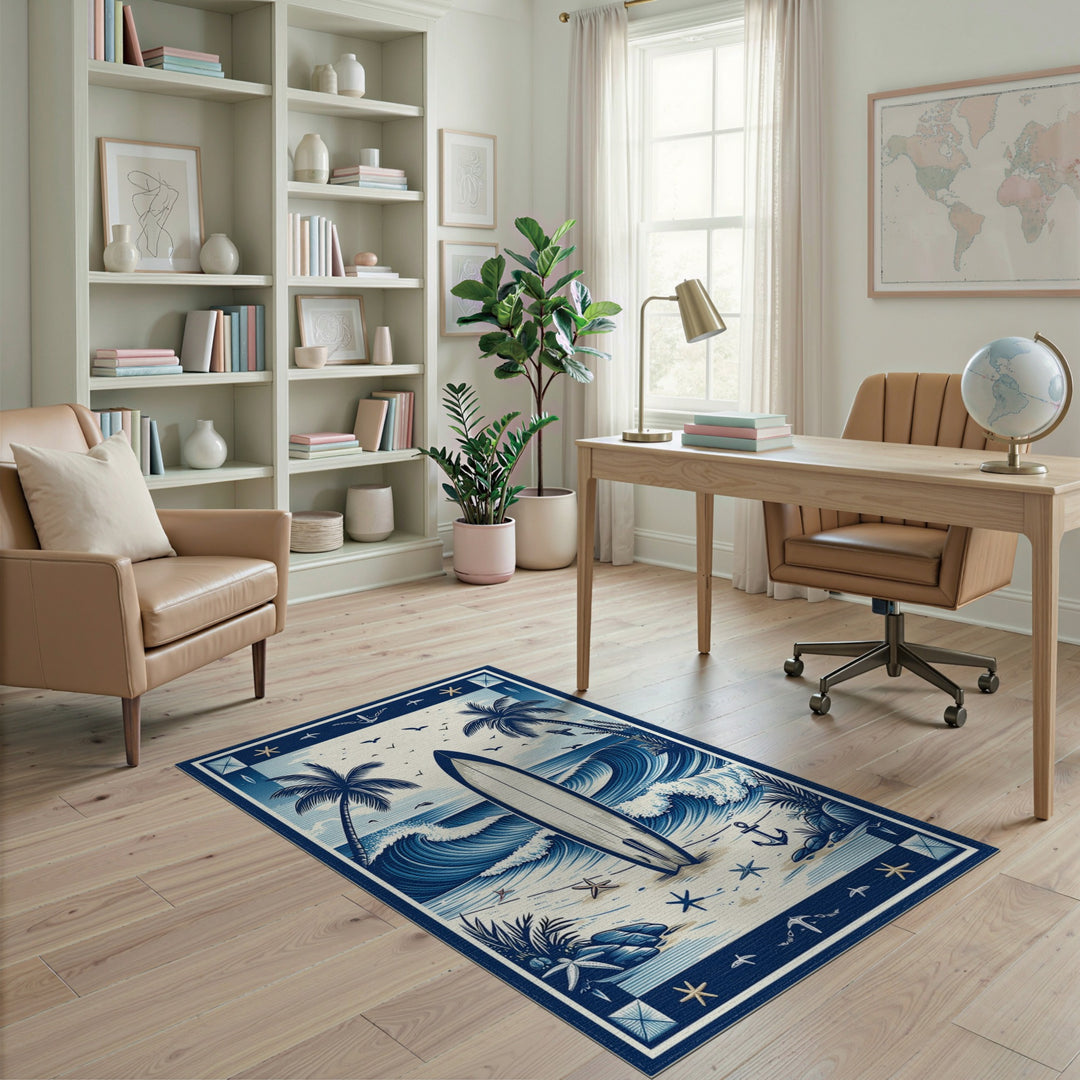 Blue Coastal Surfboard Washable Area Rug