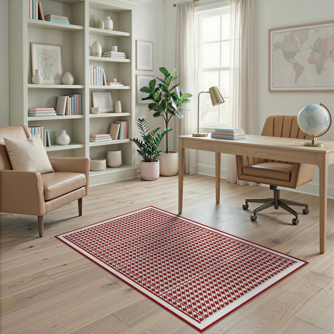 Red Houndstooth Washable Area Rug