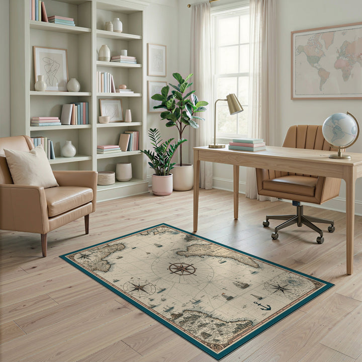 Vintage Nautical Map Area Rug with Compass