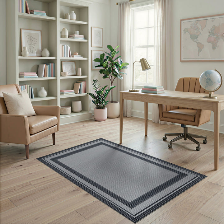 Black White Geometric Border Rug