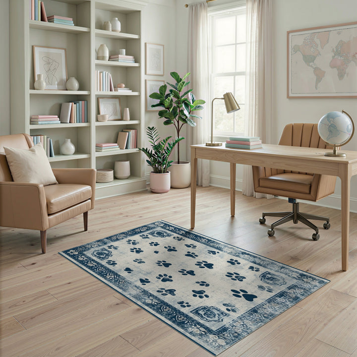 Blue and Teal Distressed Blue Paw Print Area Rug