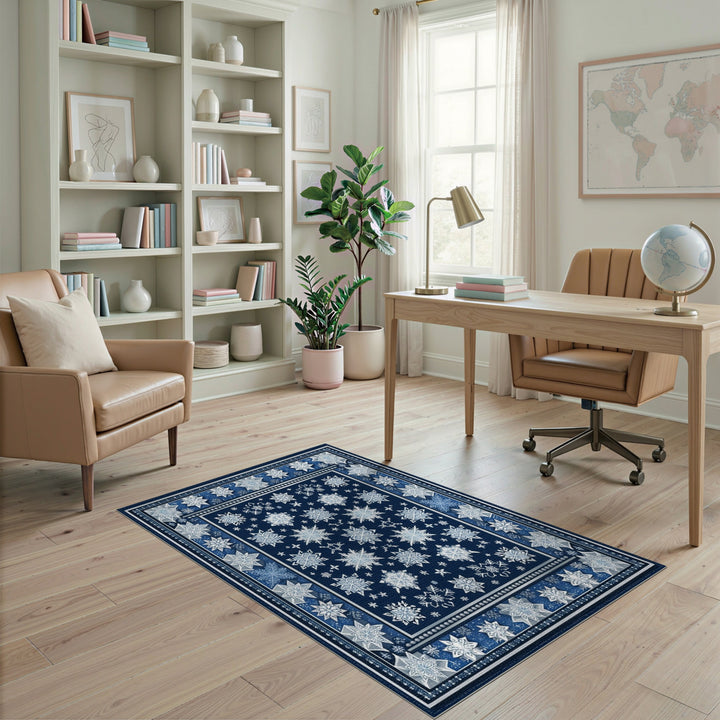 Geometric Modern Navy Blue Snowflake Geometric Area Rug