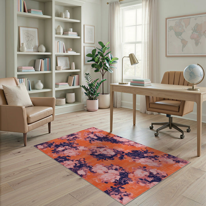 Vintage Orange Floral Washable Area Rug