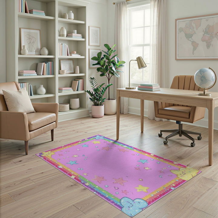 Pink Cartoon Stars Kids Area Rug