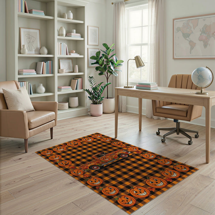 Smiling Pumpkin Truck Orange Checkered Area Rug