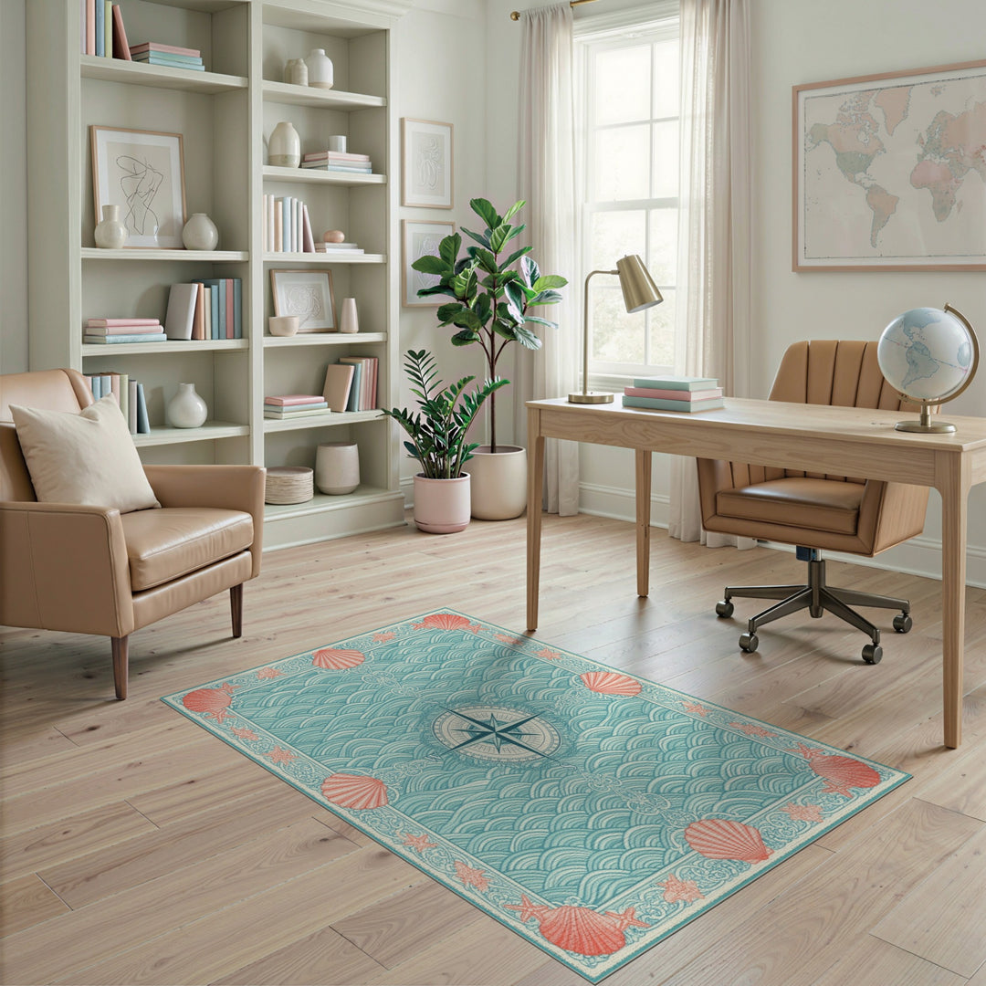 Coastal Compass Wave Teal Area Rug