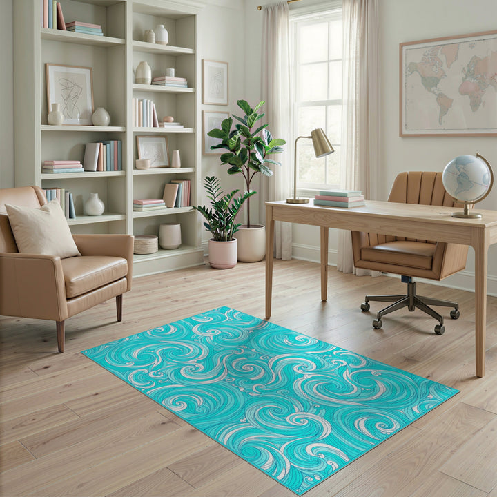 Blue Teal Wave Swirl Washable Area Rug
