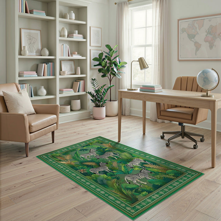Green Zebra Jungle Washable Area Rug