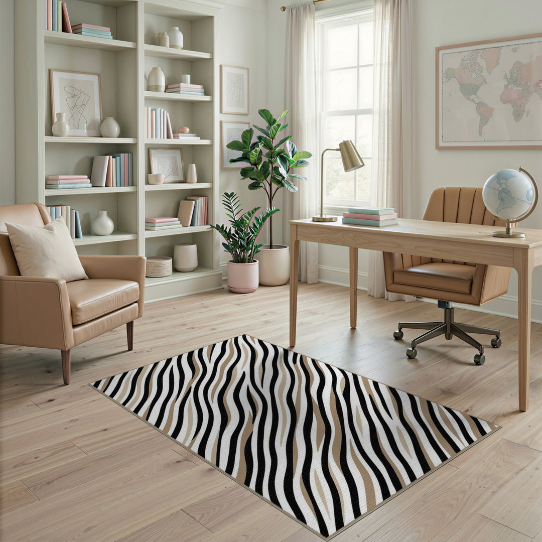 Abstract Area Black White Wavy Stripe Area Rug