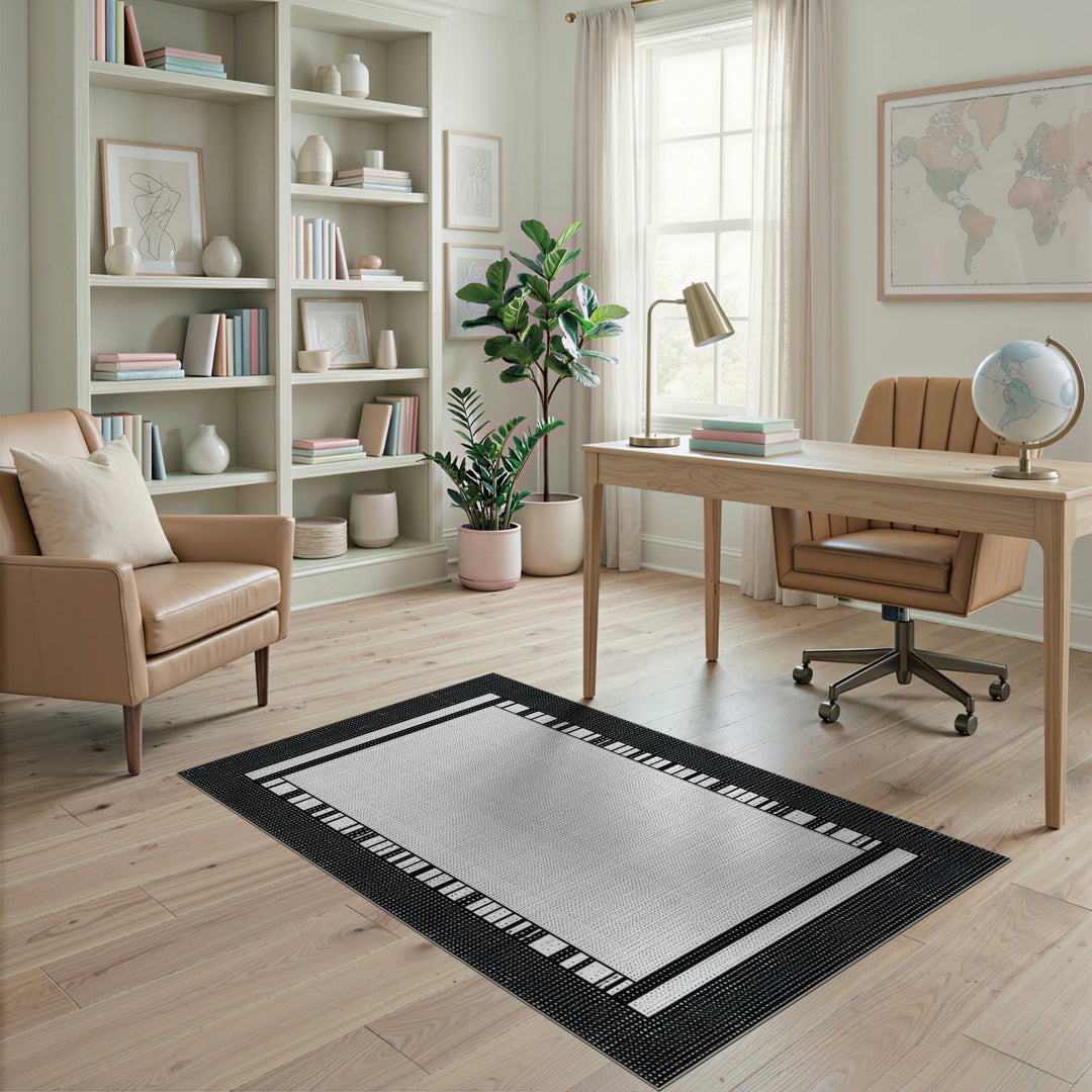 Black White Geometric Border Area Rug