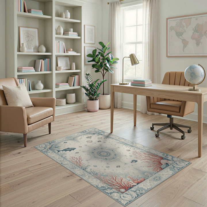 Blue and Teal Blue Teal Fish Coral Coastal Area Rug