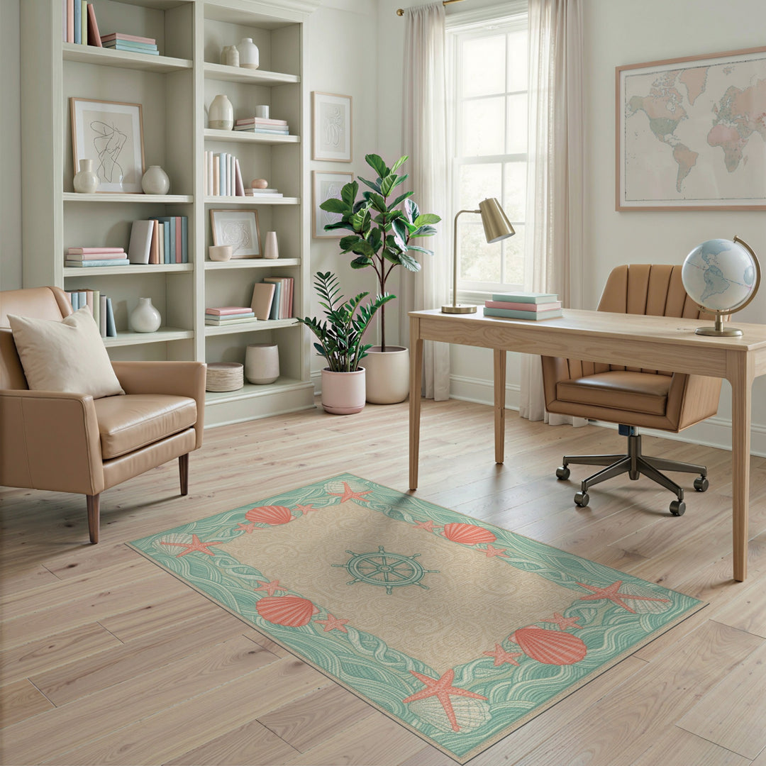 Teal Coastal Seashell and Starfish Area Rug