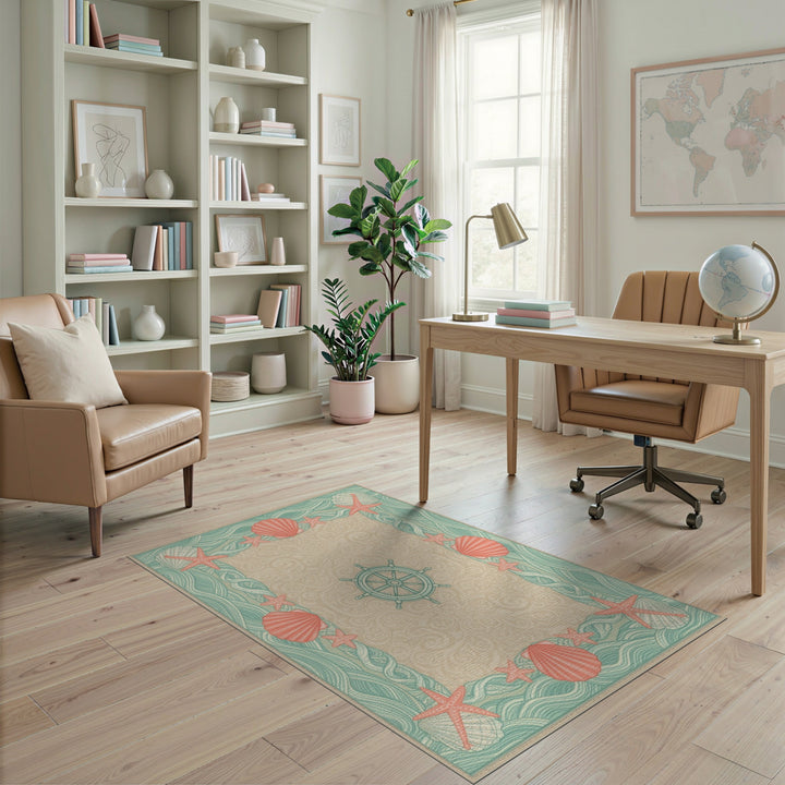 Teal Coastal Seashell and Starfish Area Rug