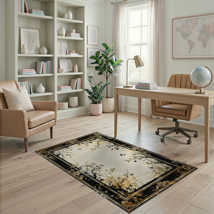 Distressed Vintage Butterfly Branch Beige Area Rug