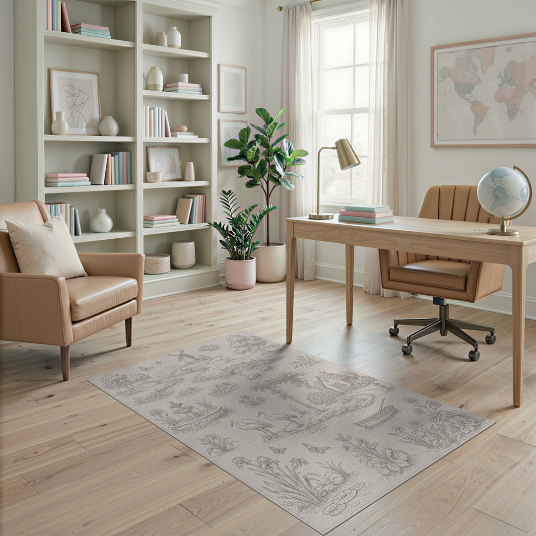 Black White Pastoral Toile Area Rug
