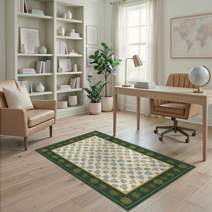 Green Leaf Vine Area Rug with Gold Border