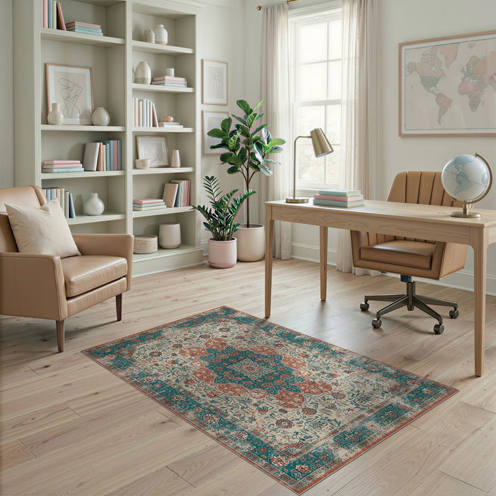 Teal Medallion Distressed Vintage Area Rug