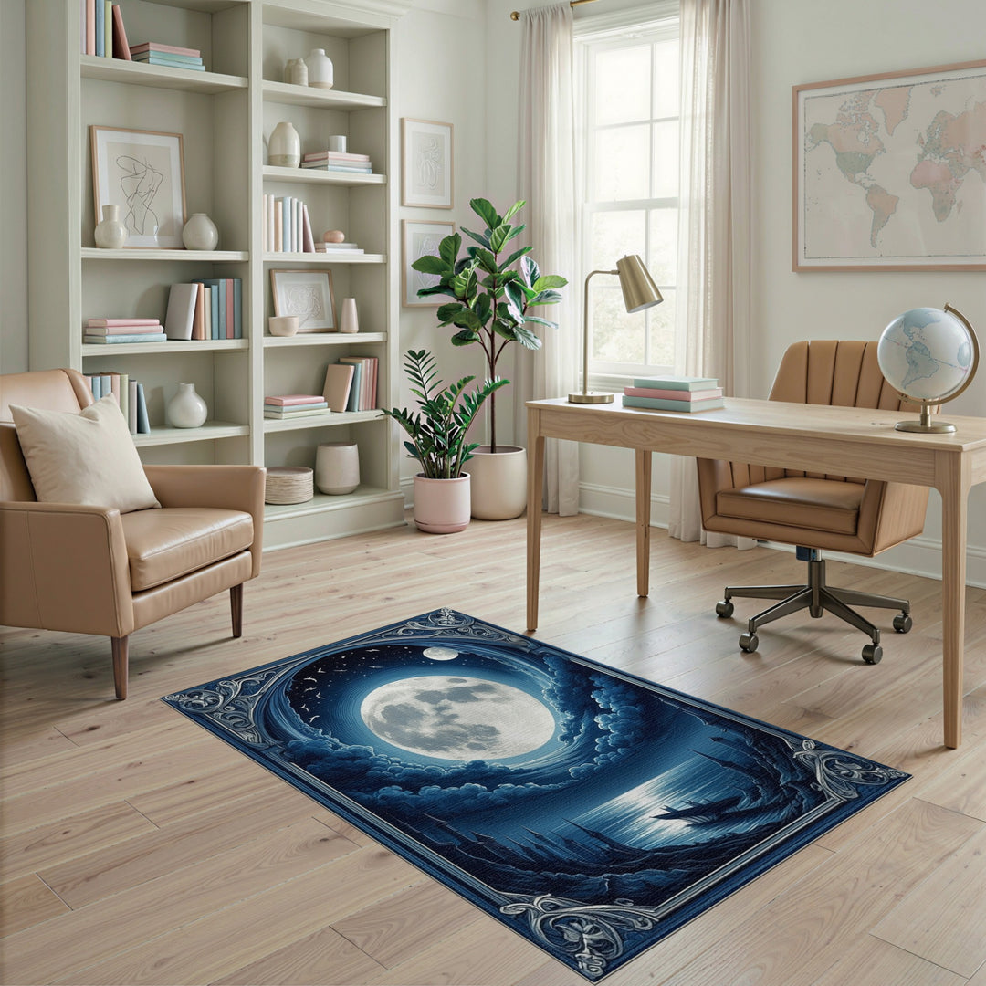 Blue Moonlit Coastal Ruins Area Rug