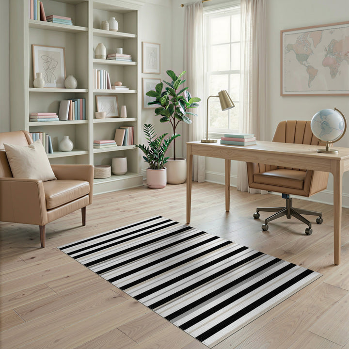 Black White Striped Geometric Area Rug
