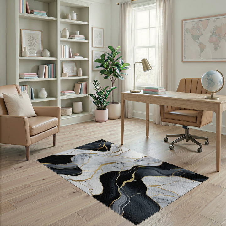 Black White Marble Gold Vein Abstract Area Rug