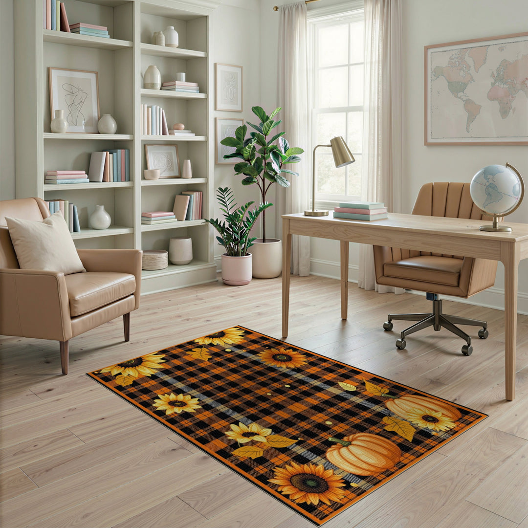 Orange Plaid Sunflower Pumpkin Area Rug