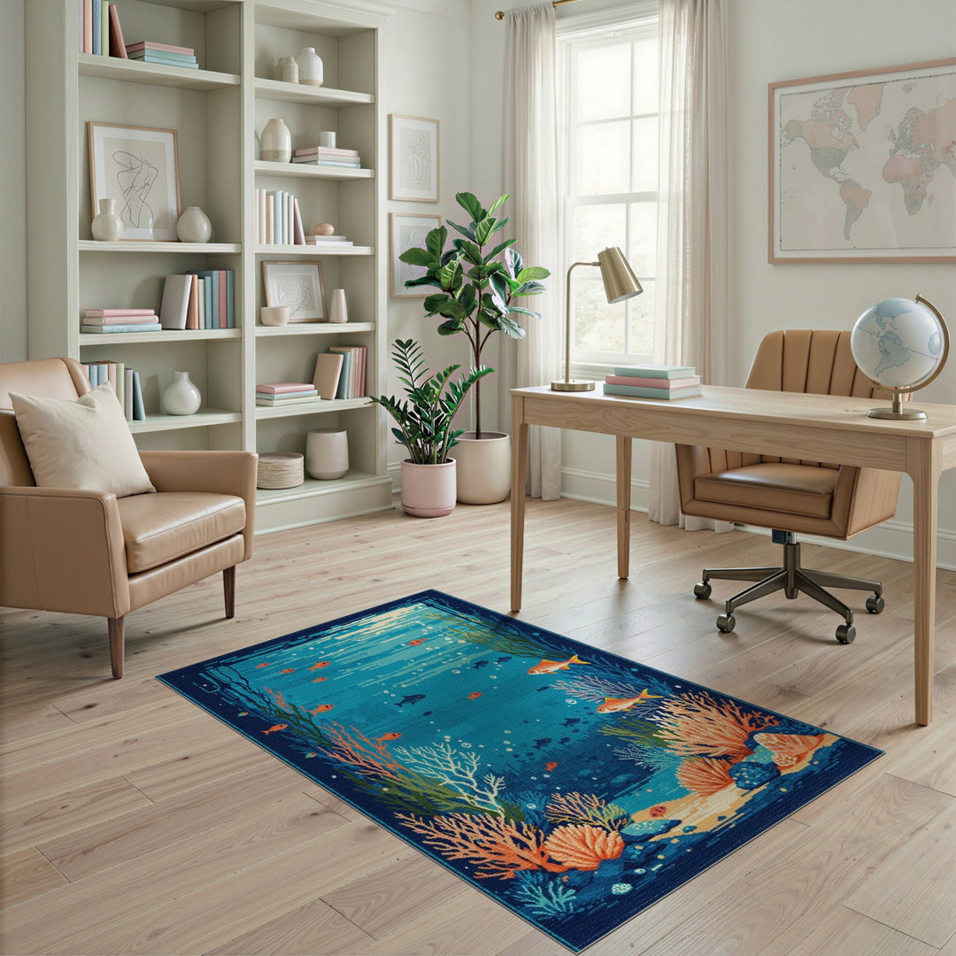 Underwater Coral Fish Blue Teal Area Rug