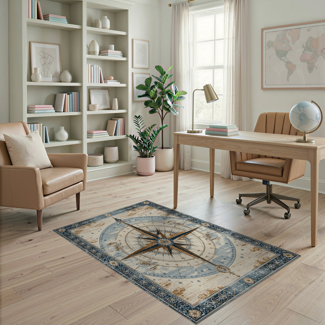 Distressed Vintage Compass Blue Area Rug