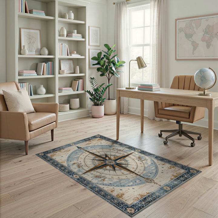Distressed Vintage Compass Blue Area Rug
