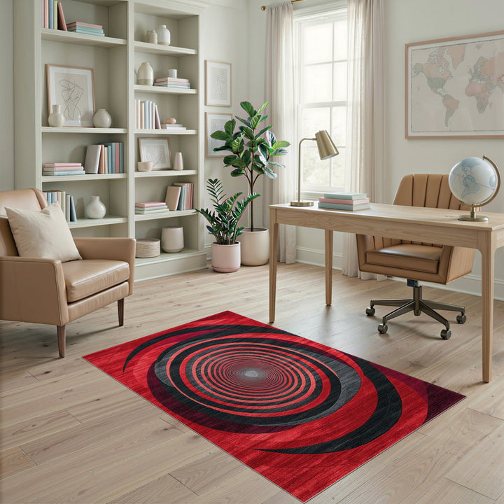 Red Black Concentric Spiral Area Rug