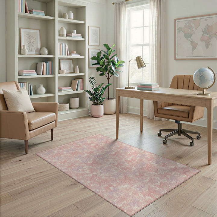 Pink Bow Floral Washable Area Rug