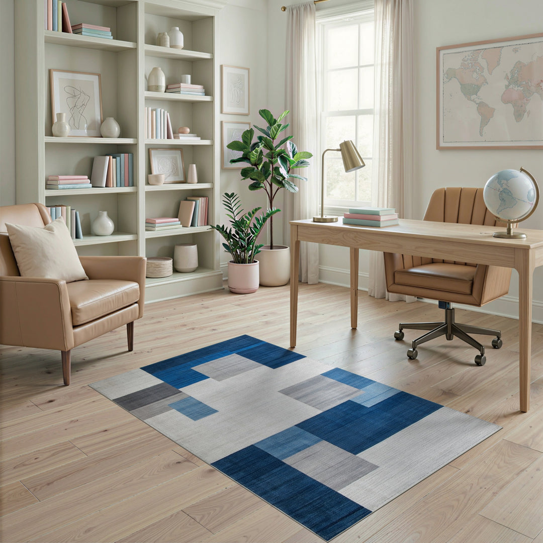 Geometric Modern Blue and Teal Blue Geometric Block Area Rug