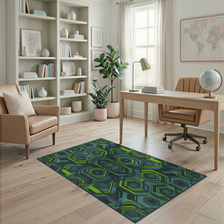 Neon Hex Geometric Teal Area Rug
