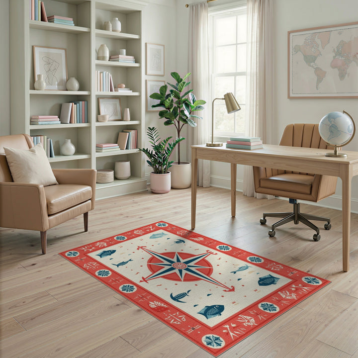 Red Nautical Compass Fish Area Rug