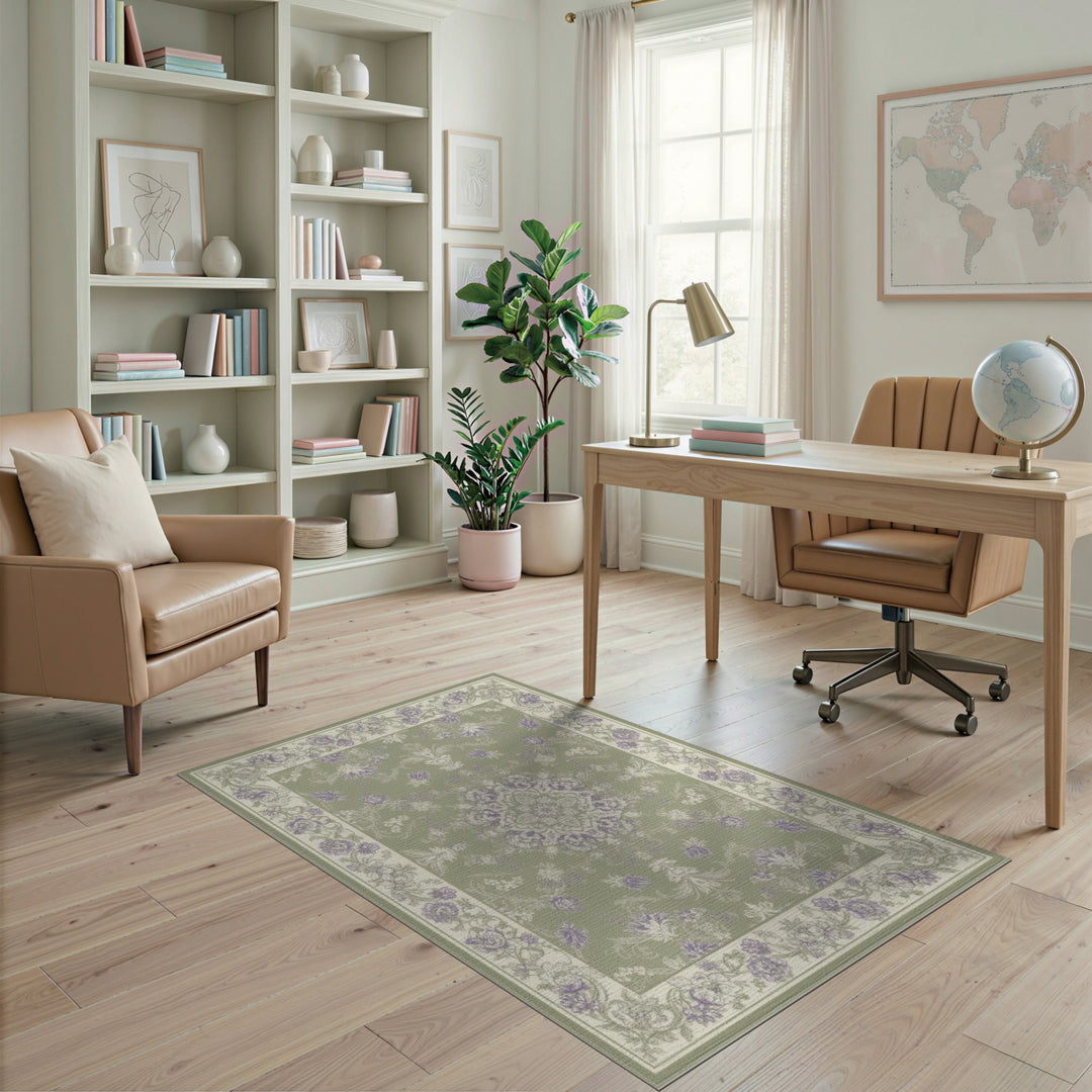 Washable Green Floral Vintage Washable Area Rug