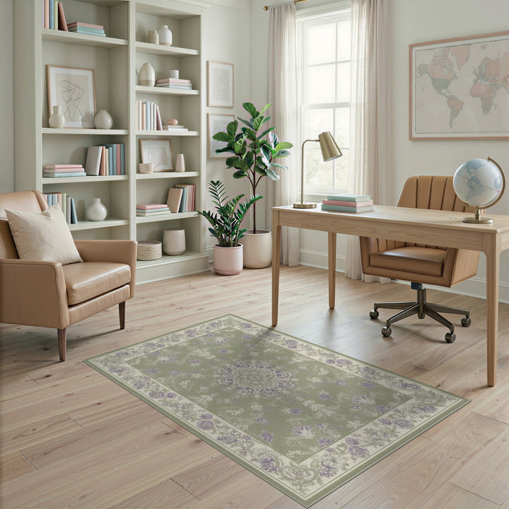 Washable Green Floral Vintage Washable Area Rug