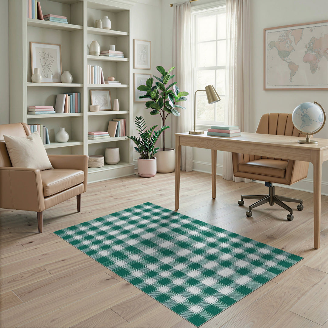 Green and White Plaid Checkered Area Rug