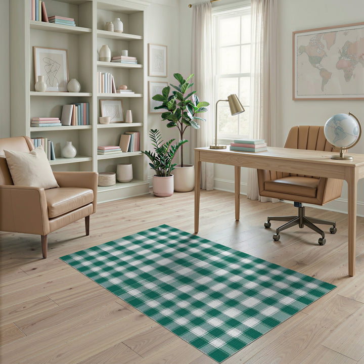 Green and White Plaid Checkered Area Rug