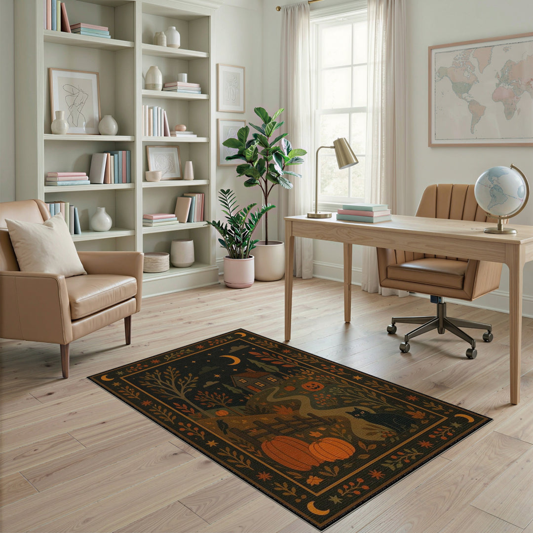 Washable Rustic Farmhouse Pumpkin Cat Area Rug