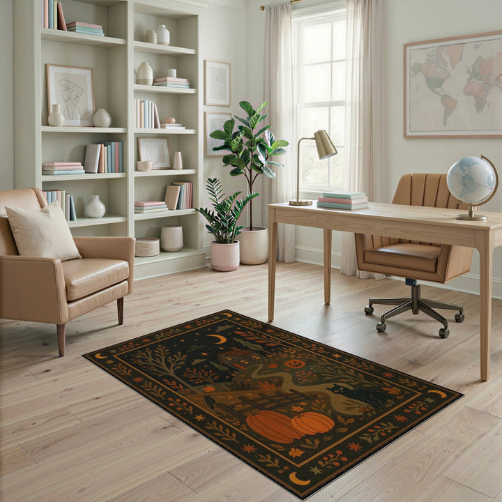 Washable Rustic Farmhouse Pumpkin Cat Area Rug