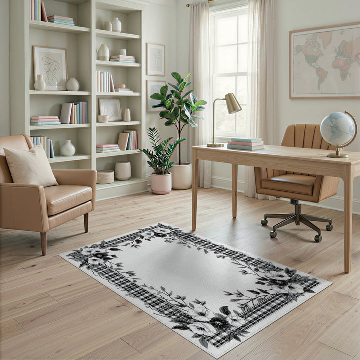 Black White Floral Vintage Plaid Area Rug