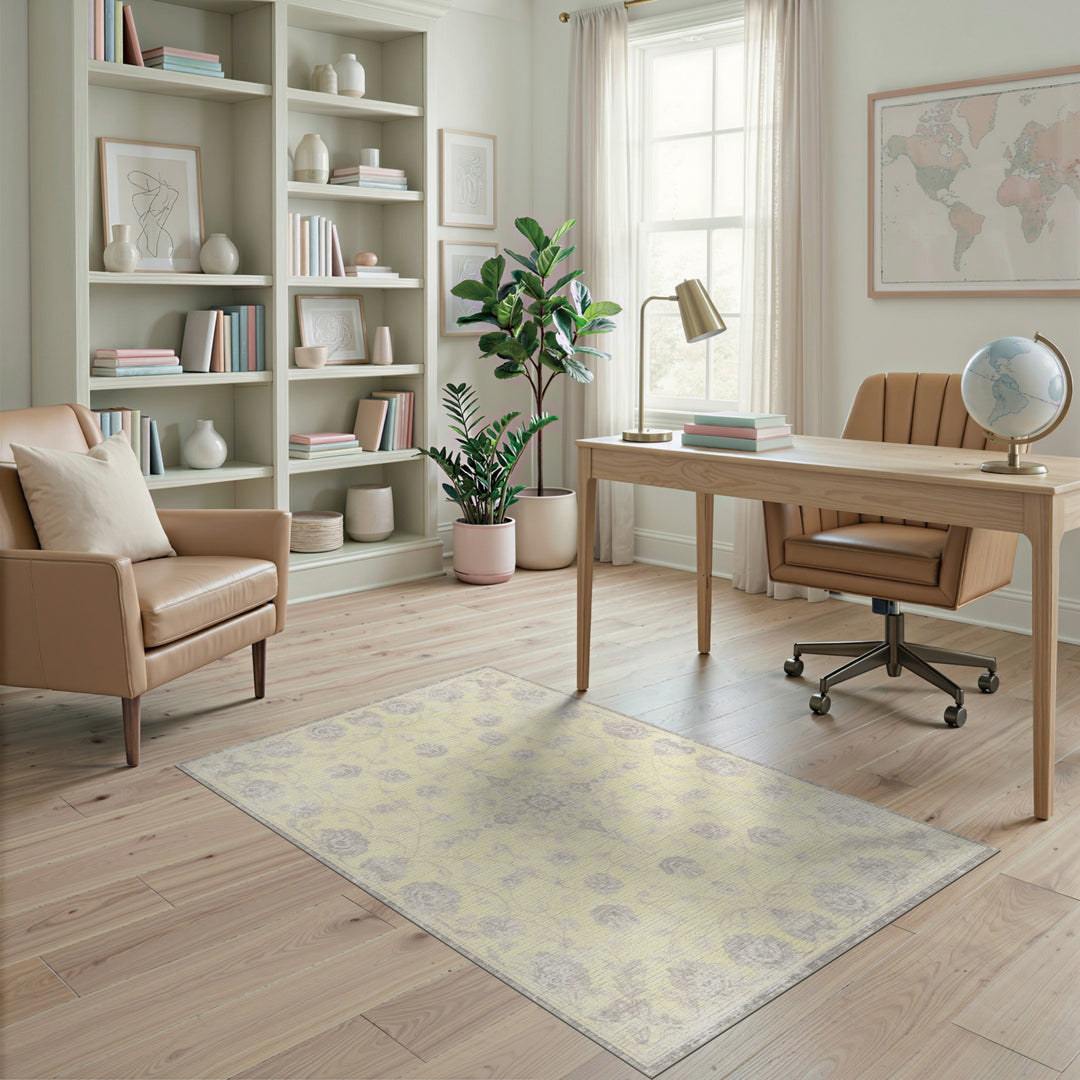 Pale Yellow Grey Floral Vintage Area Rug