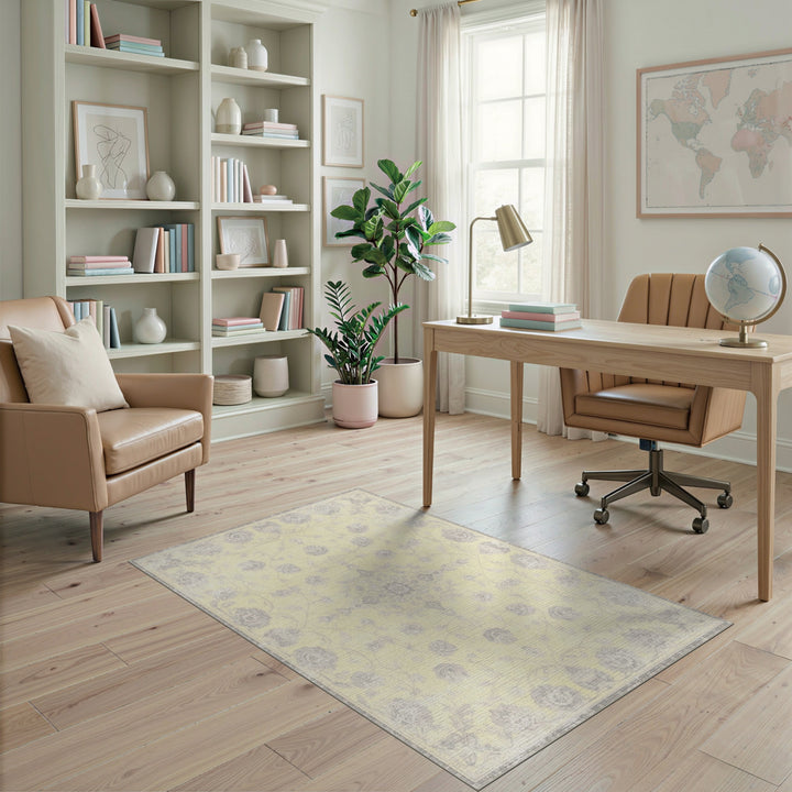 Pale Yellow Grey Floral Vintage Area Rug