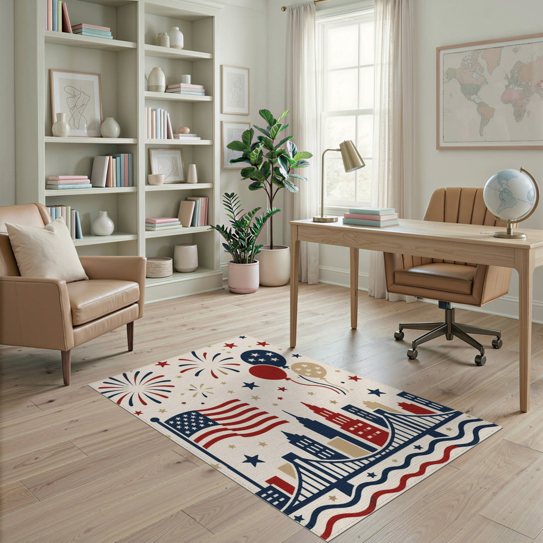 Patriotic Fireworks American Flag Area Rug