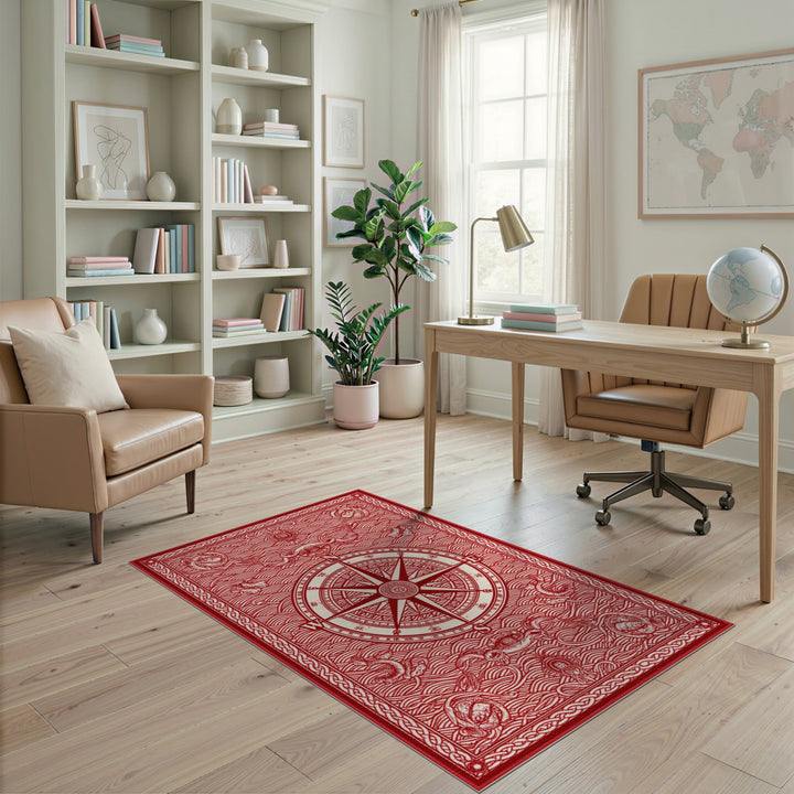Red Nautical Compass Area Rug